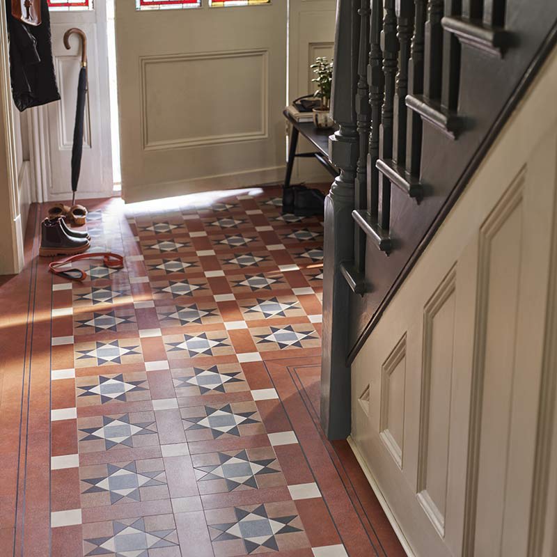 The classic hallway flooring features Classic Goldstone, DC487