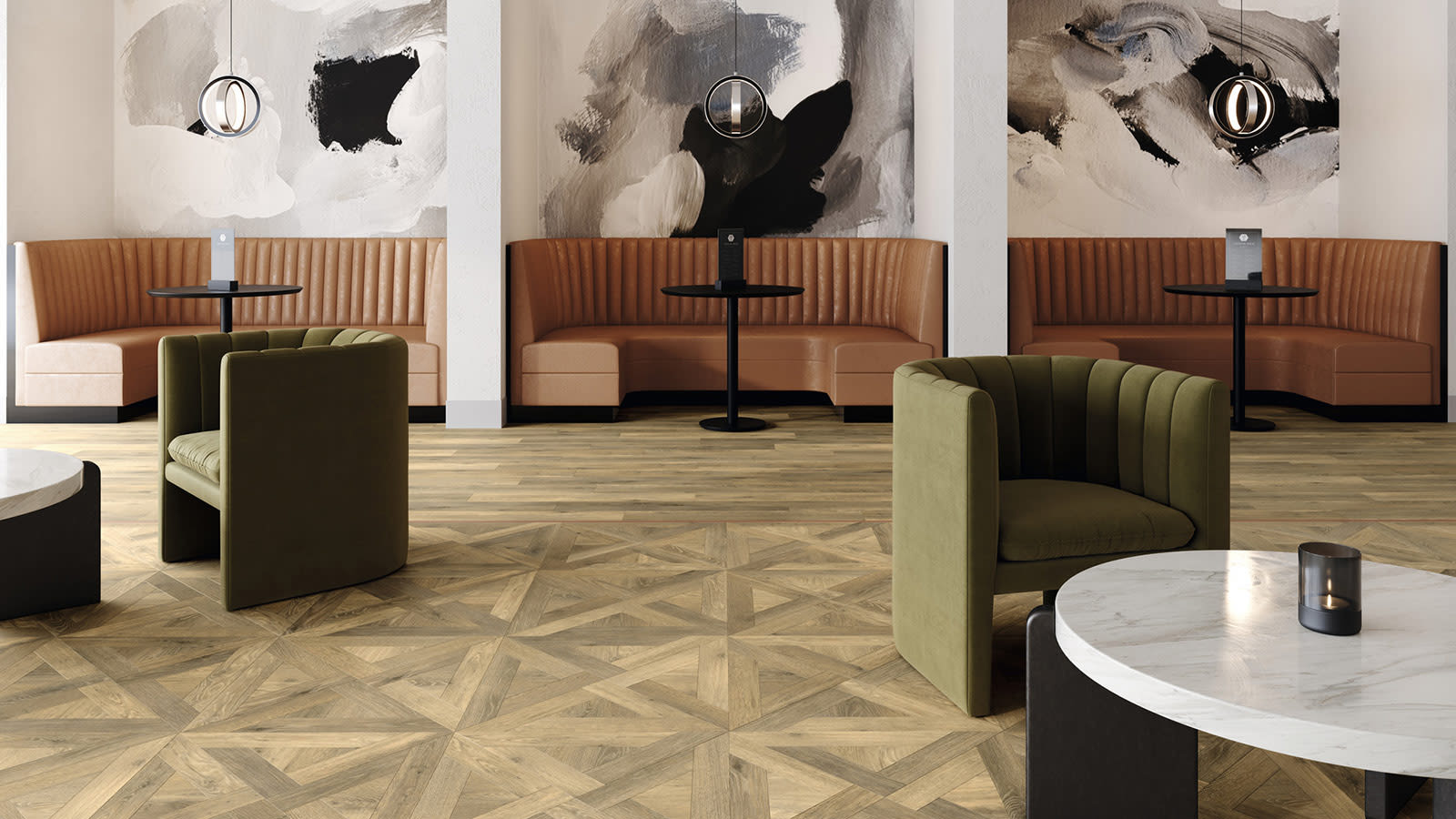 The restaurant floor features Kirby Oak in French Weave and Stripwood from the Amtico Signature collection.