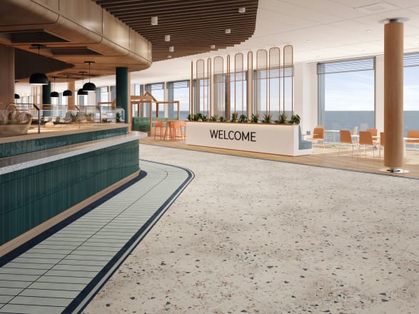 Dining area onboard a ship with IMO approved Terrazzo LVT flooring with bespoke pattern walkway