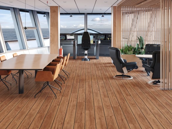 Ship's bridge in Teak LVT laid in Deck Block pattern with Black strips