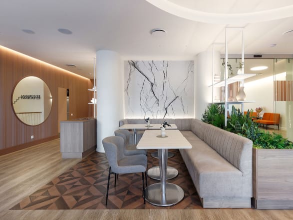 Hotel restaurant space features Amtico's Foreshore Oak in Stripwood and Stucco