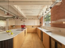 white oak acoustic stripwood flooring in large parquet in office kitchen break room