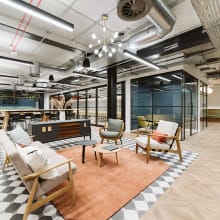 key stone mini brushed oak french weave flooring in office break out seating area