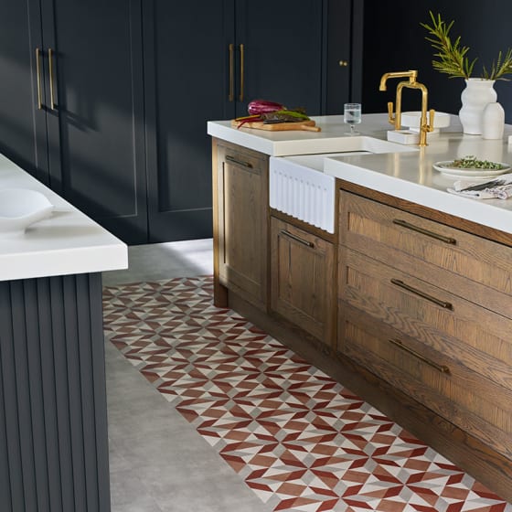 Kitchen with feature flooring surrounding island