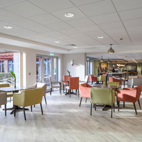 Restaurant space features Sun Bleached Oak from the Amtico Spacia collection.