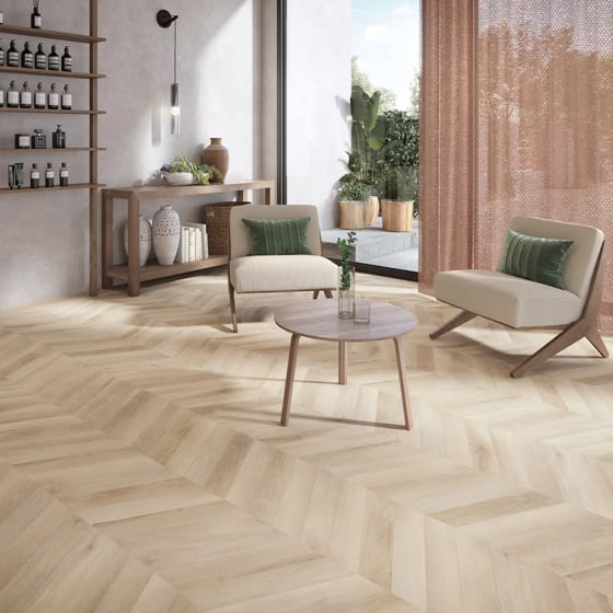 Hotel spa features AR0W8650 Clowes Oak in a Chevron laying pattern.
