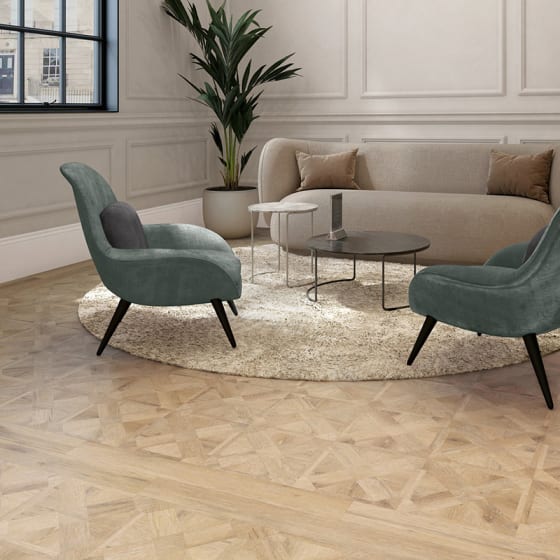 Seating area features DC607 Akari Lattice Large Teasel with two plank perimeter in Trevallas Oak.