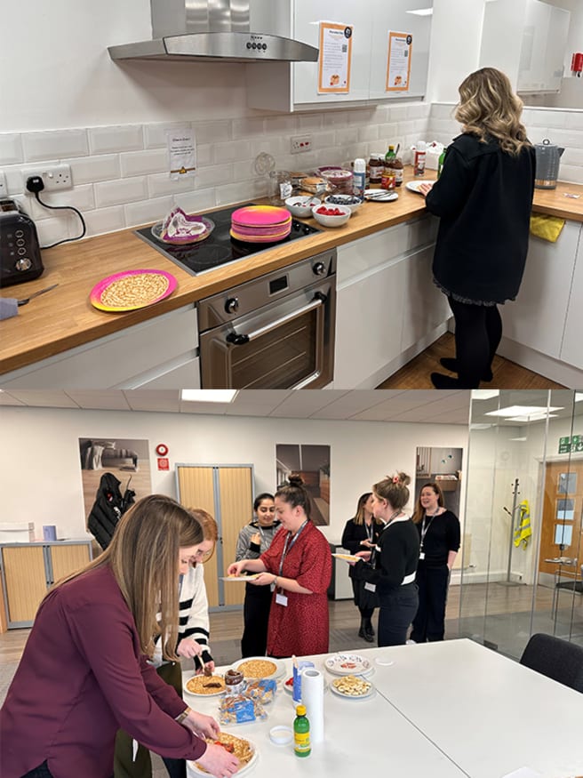 Amtico staff making pancakes at Solihull office.