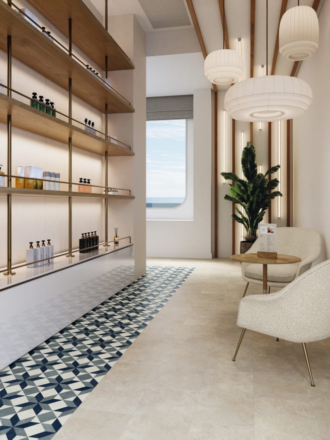 Cruise ship spa treatment area in Mantle Stone LVT flooring with design highlight