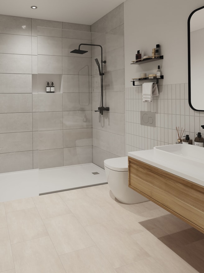 Dappled Concrete, laid in a Broken Bond pattern, creates a stylish and minimalist finish for the ensuite.