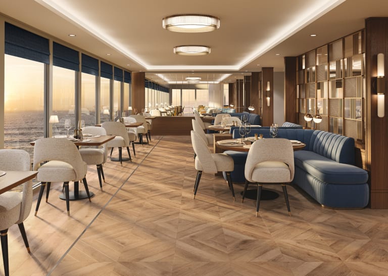 Amtico Marine IMO-godkänt golv på ett kryssningsfartyg med Flora Oak i Stripwood- och Gable Parquet-mönster