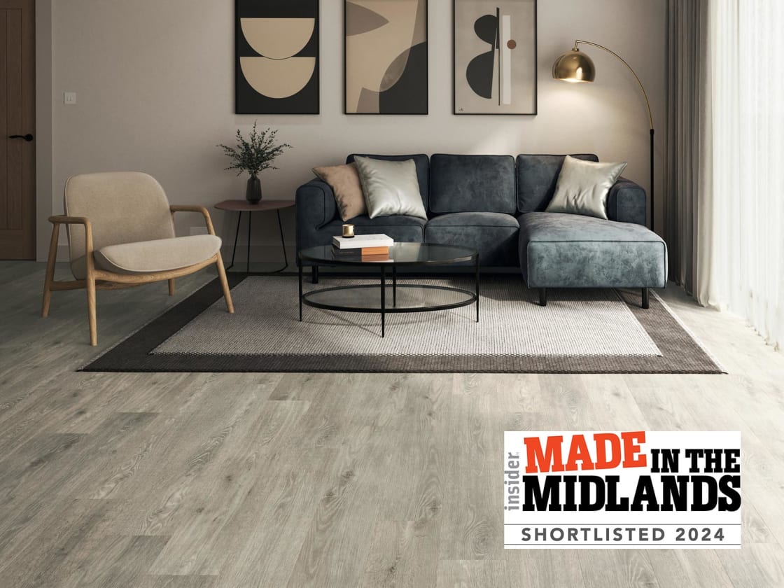 Amtico flooring with made in the midlands awards 2024 logo.