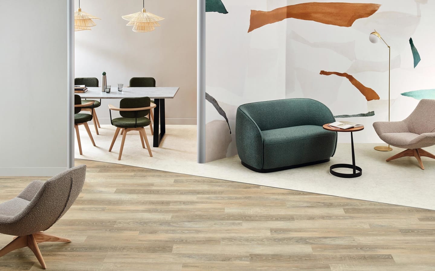 Wood-effect flooring planks and limestone-effect flooring planks in a stylish office space
