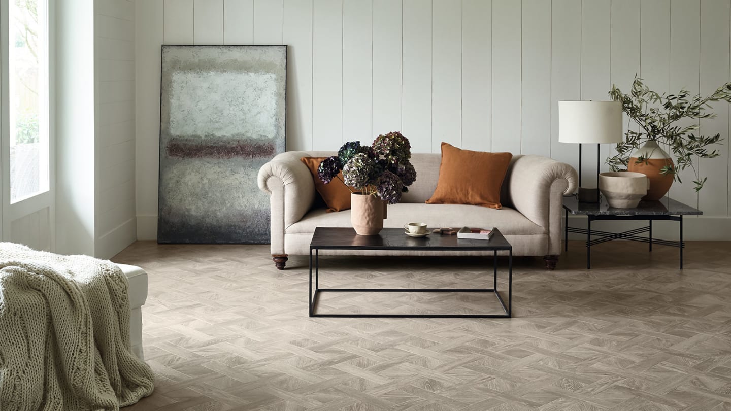 Neutral living room Amtico Gotland Oak in a Basket Weave pattern
