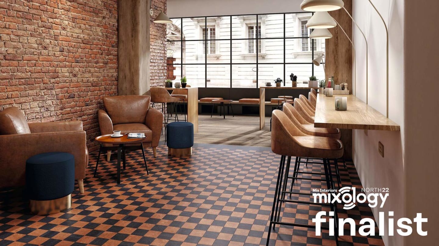 A black and white checkered tile floor with brown leather armchairs, stools and wooden tables. White text reads "Mix Interiors Mixology North 2022 Finalist".