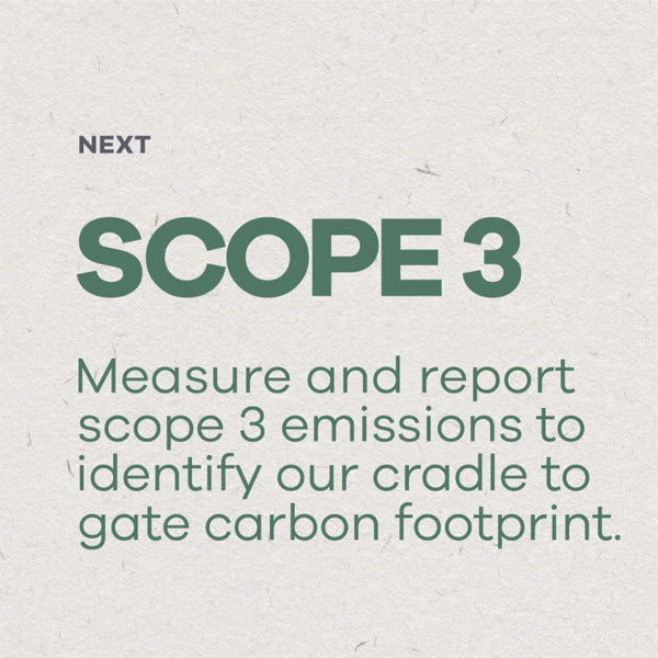 Next: Scope 3. Measure and report scope 3 emissions to identify our cradle to gate carbon footprint.