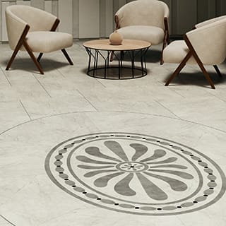 White marble-effect flooring with grey motif