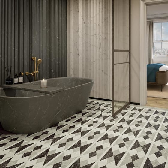 Marble-effect floor tiles in a geometric diamond pattern in grey tones