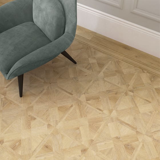 Sandy-coloured wood-effect floor planks in a lattice pattern