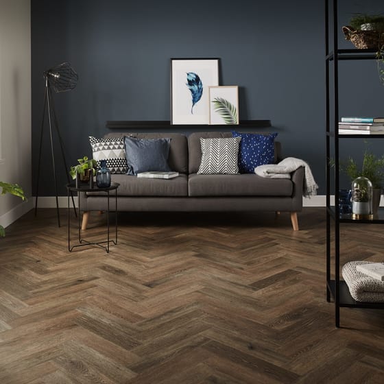 A dark Noble Oak parquet flooring in a modern lounge