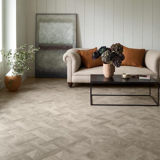 Living room features Amtico Gotland Oak in a Basket Weave pattern
