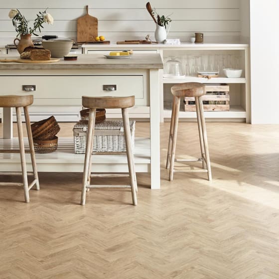 Neutral style kitchen with Eventide Oak Small Parquet flooring