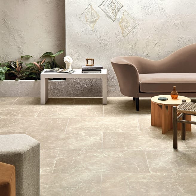 Simple Laying Pattern | Broken Bond in Tortora Classic Marble, with Bianca Classic Marble stripping.