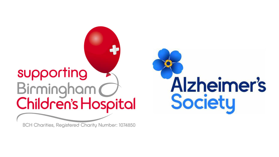 Charity logos - Birmingham Children's Hospital in red on the left and Alzheimer's Society in Blue on the right.